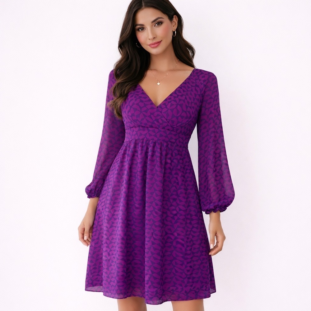 Shoshanna 100% Silk Purple Geometric Print Dress Empire Waist Sz 8 Wedding Guest